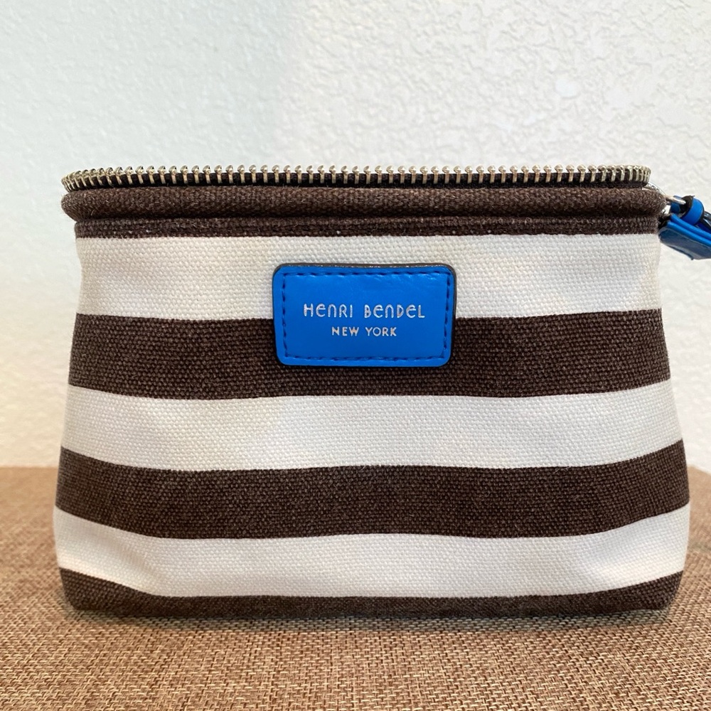 Henri Bendel Brown and White Striped Canvas Dopp Kit Makeup Bag - Picture 2 of 9